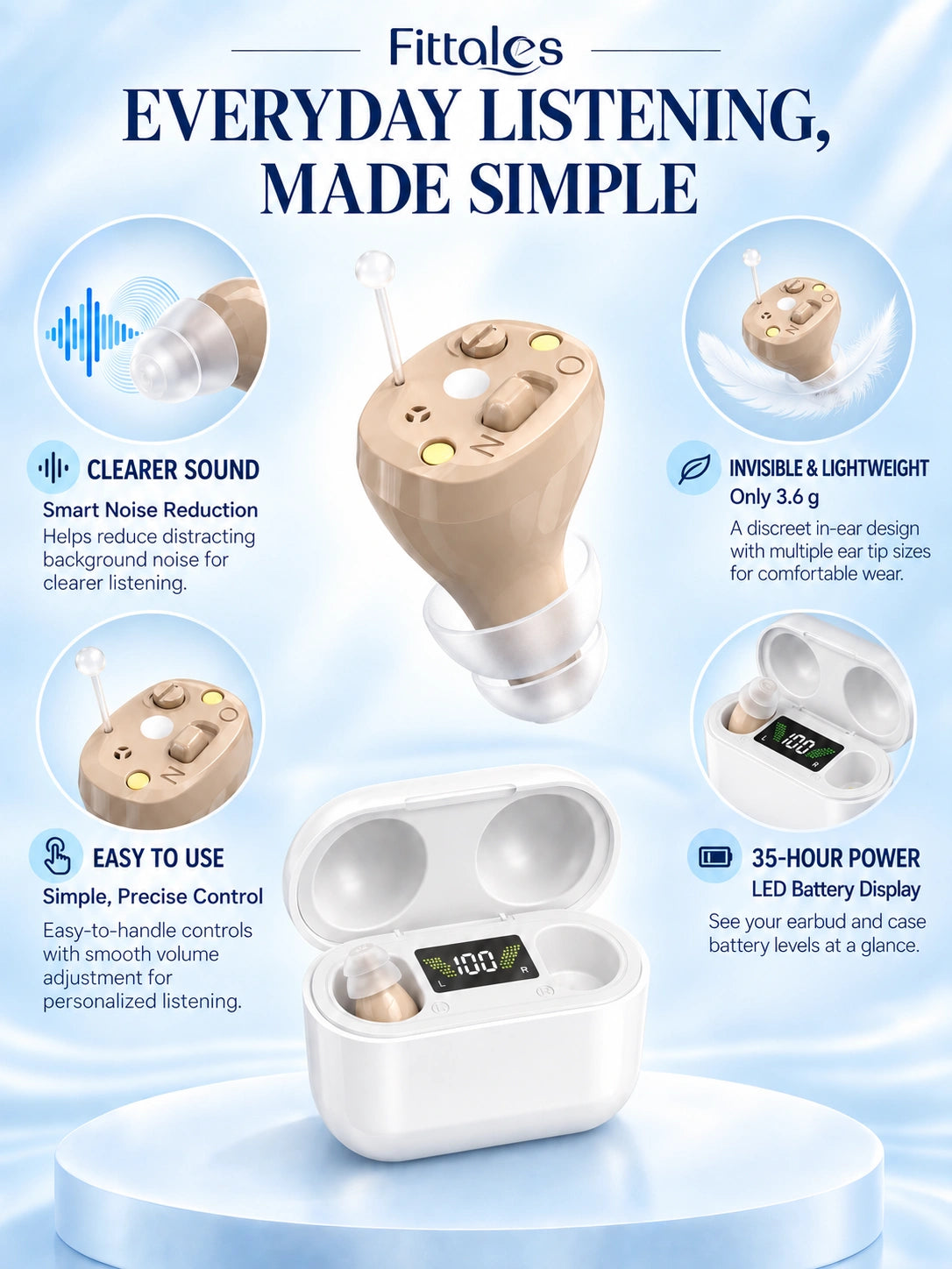 Fittales Invisible Wireless Hearing Aids with Digital Display & Noise Reduction